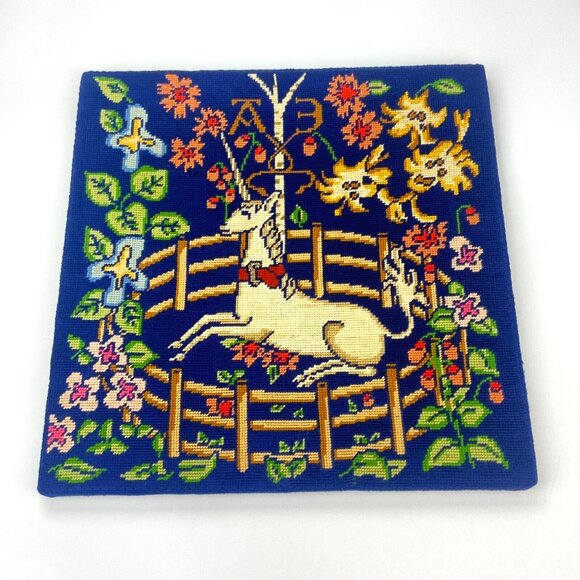 VTG Stretcher Framed Captive Unicorn Tapestry Needlepoint Art 15x15 Whimsical - Picture 1 of 5